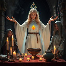 A female blonde priest, styled in a Dungeons and Dragons (DND) aesthetic, is within a medieval fantasy dimly lit church, gracefully casting a spell