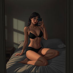 A realistic depiction of a girl sitting on a bed taking a spicy mirror selfie in a dimly lit room