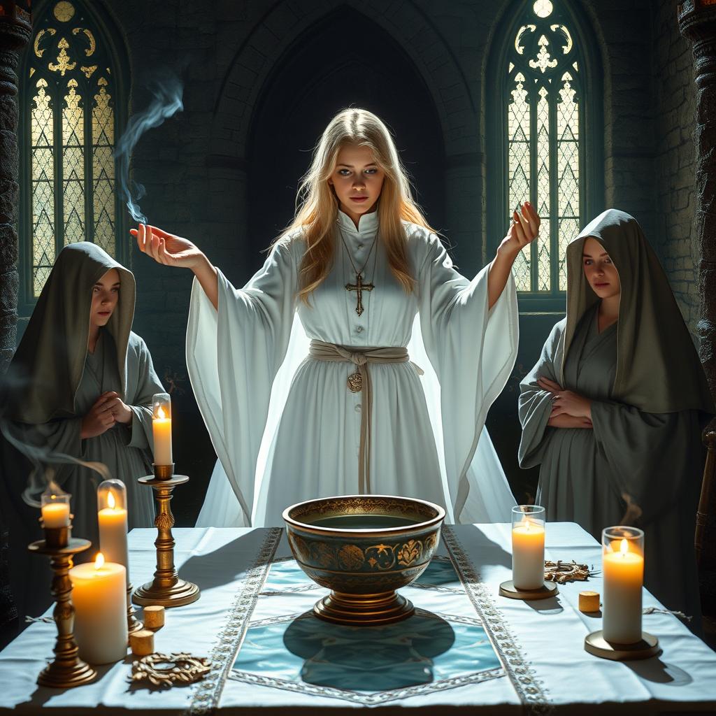 A female blonde priest, styled in a Dungeons and Dragons (DND) fashion, stands in a medieval fantasy dimly lit church casting a spell