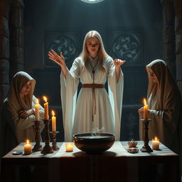 A female blonde priest, styled in a Dungeons and Dragons (DND) fashion, stands in a medieval fantasy dimly lit church casting a spell