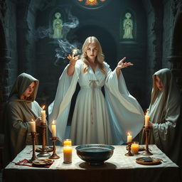 A female blonde priest, styled in a Dungeons and Dragons (DND) fashion, stands in a medieval fantasy dimly lit church casting a spell