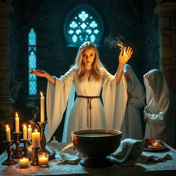 A female blonde priest, styled in a Dungeons and Dragons (DND) fashion, stands in a medieval fantasy dimly lit church casting a spell