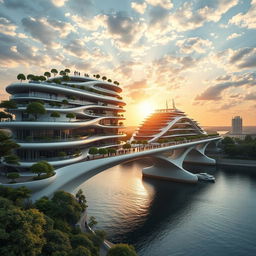 A multi-story building stretches across a river, bridging both banks with its towering, bionic, futuristic design that echoes the style of Santiago Calatrava