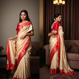 A woman in an elegant, traditional muga saree with a cream and red color combination, wearing a red blouse and high heels, in an oyo room setting