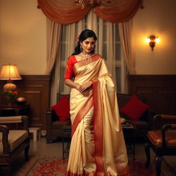 A woman in an elegant, traditional muga saree with a cream and red color combination, wearing a red blouse and high heels, in an oyo room setting