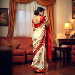 A woman in an elegant, traditional muga saree with a cream and red color combination, wearing a red blouse and high heels, in an oyo room setting