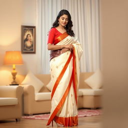 A woman in an elegant, traditional muga saree with a cream and red color combination, wearing a red blouse and high heels, in an oyo room setting