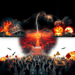 A 9:16 scale image focusing on a dramatic depiction of a global disaster, with people screaming and running in panic through streets surrounded by a burning landscape and a destroyed city