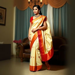 A woman in an elegant, traditional muga saree with a cream and red color combination, wearing a red blouse and high heels, in an oyo room setting