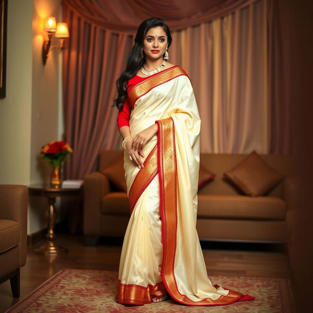 A woman in an elegant, traditional muga saree with a cream and red color combination, wearing a red blouse and high heels, in an oyo room setting