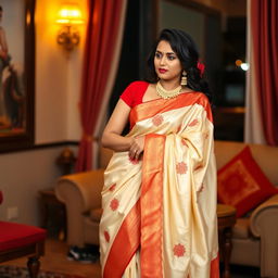 A woman in an elegant, traditional muga saree with a cream and red color combination, wearing a red blouse and high heels, in an oyo room setting