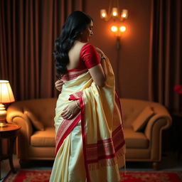 A woman in an elegant, traditional muga saree with a cream and red color combination, wearing a red blouse and high heels, in an oyo room setting