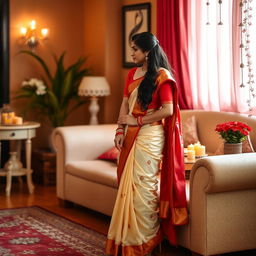 A woman in an elegant traditional saree with a cream and red color combination, wearing a red blouse and high heels, in a romantic oyo room setting with her partner