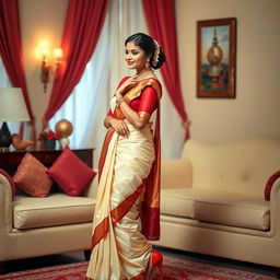 A woman in an elegant traditional saree with a cream and red color combination, wearing a red blouse and high heels, in a romantic oyo room setting with her partner