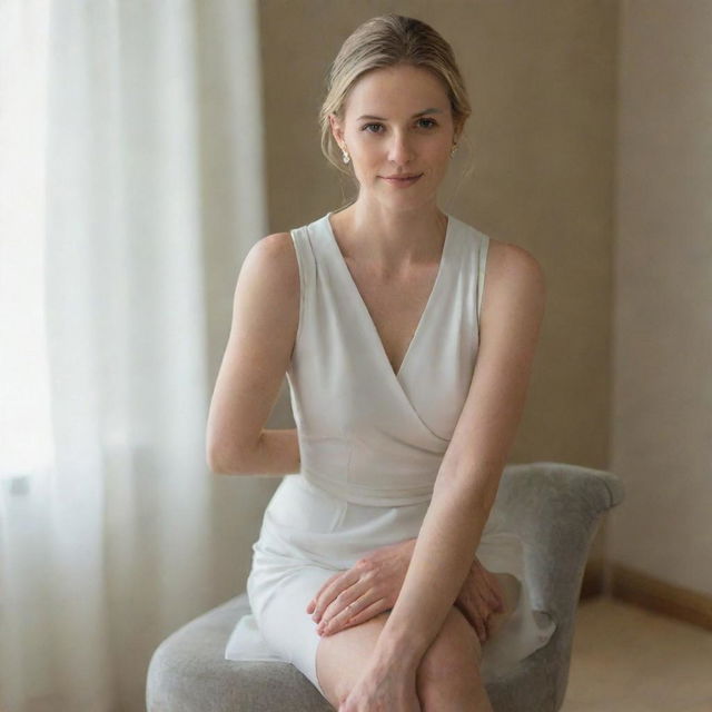 A graceful woman sitting comfortably on a chair