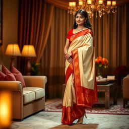 A woman in an elegant traditional saree with a cream and red color combination, wearing a red blouse and high heels, in a romantic oyo room setting with her partner