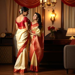 A woman in an elegant traditional saree with a cream and red color combination, wearing a red blouse and high heels, in a romantic oyo room setting with her partner