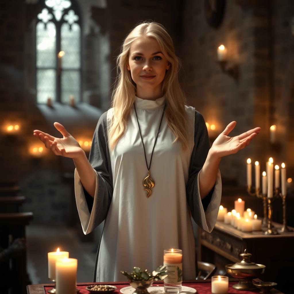 A female blonde priest stands in a medieval church, wearing simple but elegant clothing