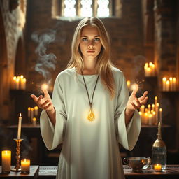 A female blonde priest stands in a medieval church, wearing simple but elegant clothing