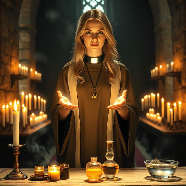 A female blonde priest stands in a medieval church, wearing simple but elegant clothing