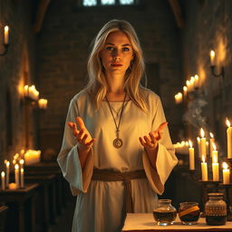 A female blonde priest stands in a medieval church, wearing simple but elegant clothing