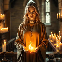 A female blonde priest stands in a medieval church, wearing simple but elegant clothing