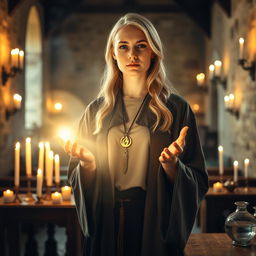 A female blonde priest stands in a medieval church, wearing simple but elegant clothing