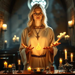 A female blonde priest stands in a medieval church, wearing simple but elegant clothing