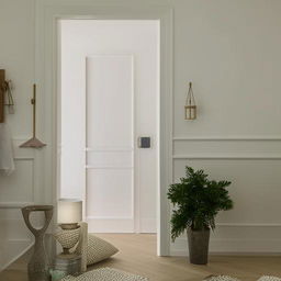 A modern room fully painted in white, accented with a variety of decorative items providing a visually striking contrast.