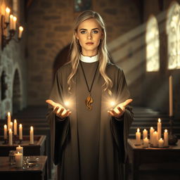 A female blonde priest stands in a medieval church, wearing simple but elegant clothing