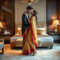 A romantic and elegant scene in a luxurious hotel room, featuring a glamorous model in cultural attire