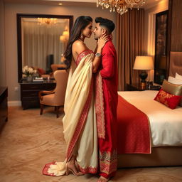 A romantic and elegant scene in a luxurious hotel room, featuring a glamorous model in cultural attire