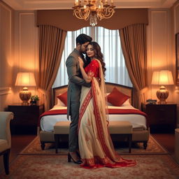 A romantic and elegant scene in a luxurious hotel room, featuring a glamorous model in cultural attire