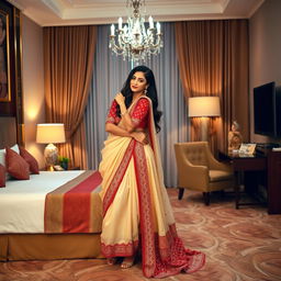 A romantic and elegant scene in a luxurious hotel room, featuring a glamorous model in cultural attire