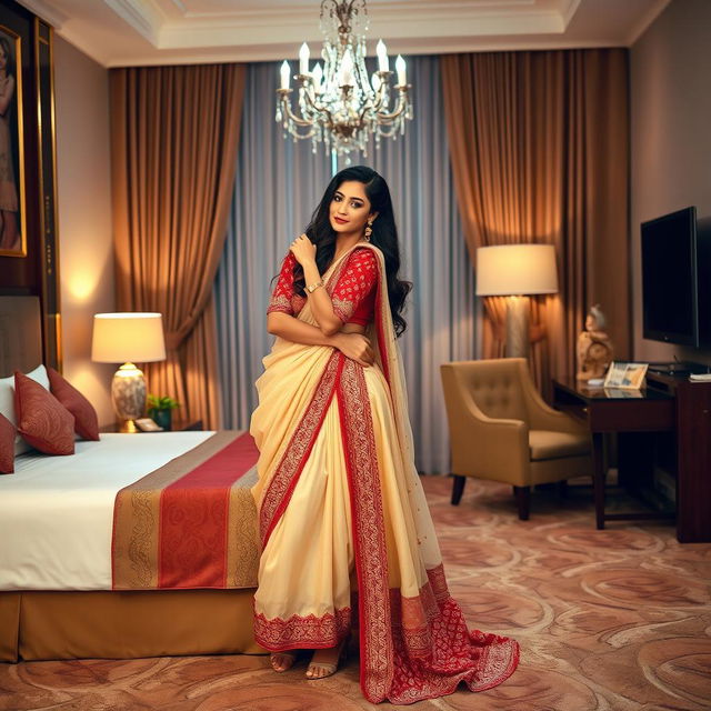 A romantic and elegant scene in a luxurious hotel room, featuring a glamorous model in cultural attire