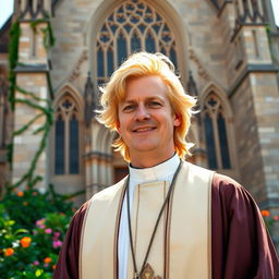 A charismatic blonde priest with vibrant golden hair, dressed in a traditional priestly robe standing in front of a grand cathedral