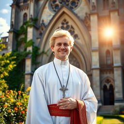 A charismatic blonde priest with vibrant golden hair, dressed in a traditional priestly robe standing in front of a grand cathedral