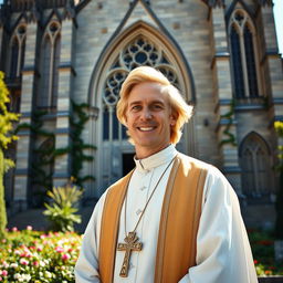 A charismatic blonde priest with vibrant golden hair, dressed in a traditional priestly robe standing in front of a grand cathedral