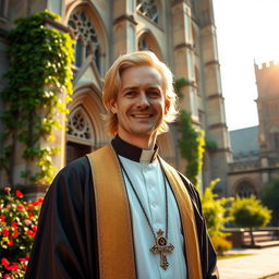 A charismatic blonde priest with vibrant golden hair, dressed in a traditional priestly robe standing in front of a grand cathedral