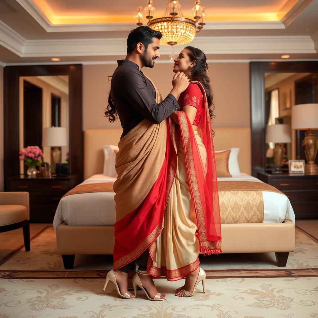 A romantic and elegant scene in a luxurious hotel room, featuring a glamorous model in cultural attire