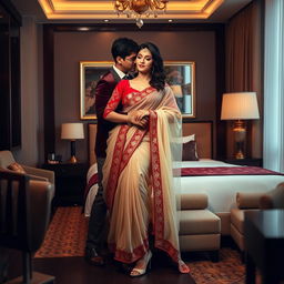 A romantic and elegant scene in a luxurious hotel room, featuring a glamorous model in cultural attire