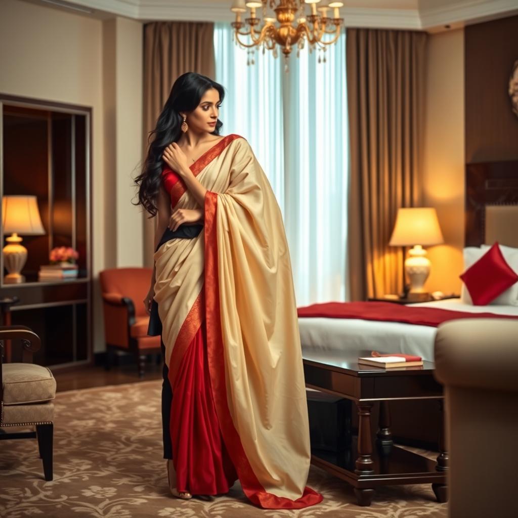 A romantic and elegant scene in a luxurious hotel room, featuring a glamorous model in cultural attire