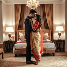 A romantic and elegant scene in a luxurious hotel room, featuring a glamorous model in cultural attire