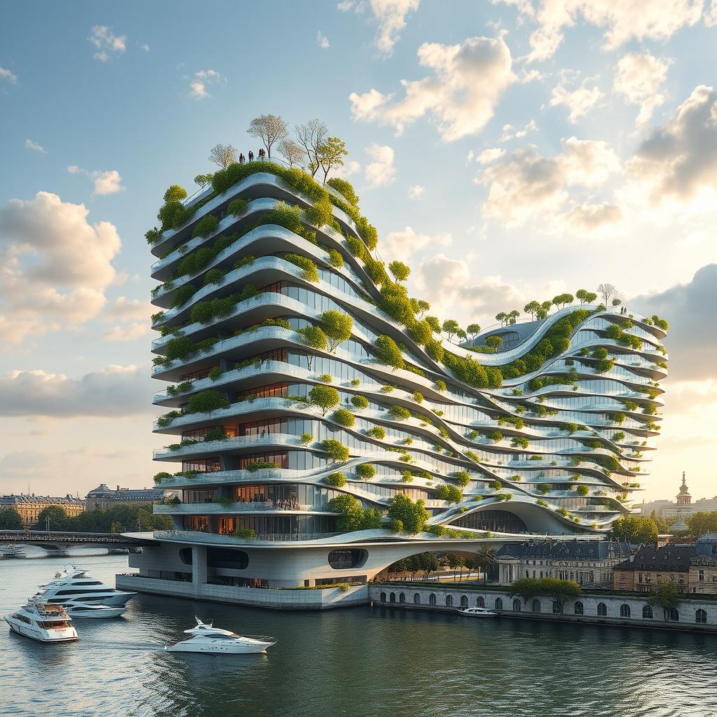 A multi-story building extends across a river in Paris, connecting both banks in a towering, bionic, futuristic form that also functions as a bridge