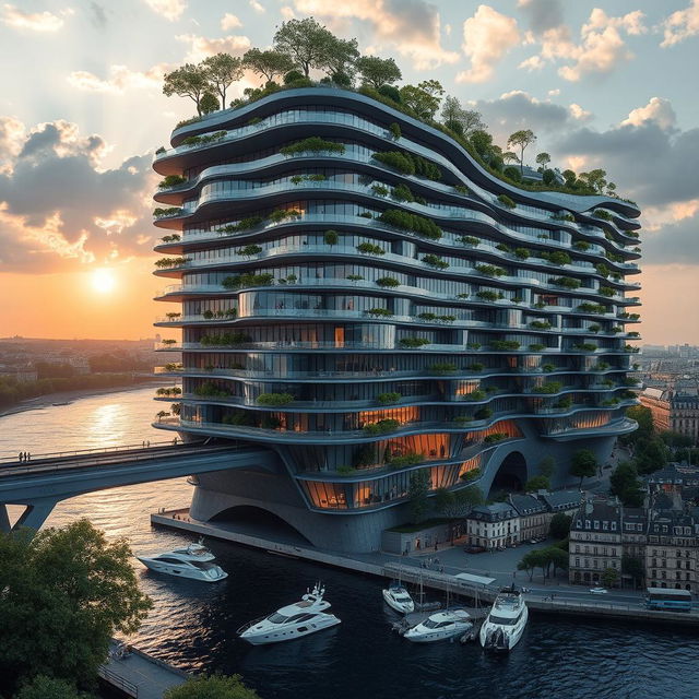 A multi-story building extends across a river in Paris, connecting both banks in a towering, bionic, futuristic form that also functions as a bridge