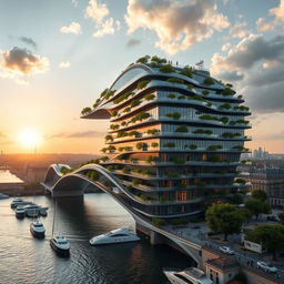 A multi-story building extends across a river in Paris, connecting both banks in a towering, bionic, futuristic form that also functions as a bridge