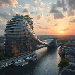 A multi-story building extends across a river in Paris, connecting both banks in a towering, bionic, futuristic form that also functions as a bridge