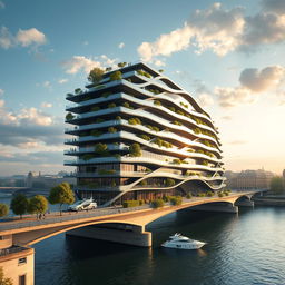 A multi-story building extends over a river in Paris, connecting both banks elegantly as both a structure and a bridge