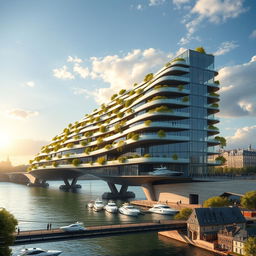 A multi-story building extends over a river in Paris, connecting both banks elegantly as both a structure and a bridge