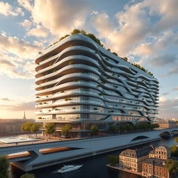 A multi-story building extends over a river in Paris, connecting both banks elegantly as both a structure and a bridge